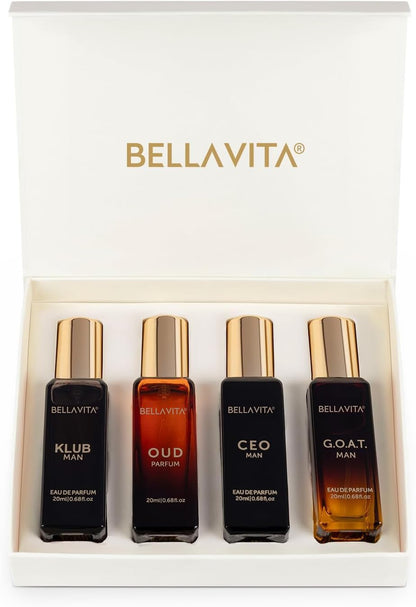 Bella Vita Luxury Long Lasting Perfume Gift Set for Man | 4x20ml | Gifts for Men | Woody, Citrusy, Oud, Premium Fragrance Scent | KLUB, OUD, CEO, G.O.A.T