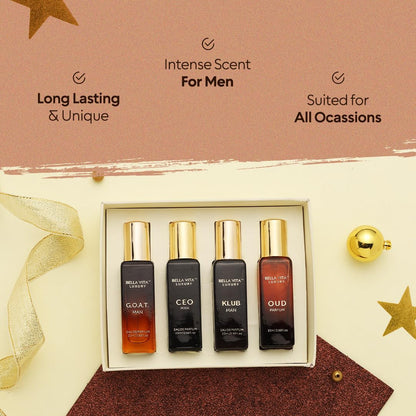 Bella Vita Luxury Long Lasting Perfume Gift Set for Man | 4x20ml | Gifts for Men | Woody, Citrusy, Oud, Premium Fragrance Scent | KLUB, OUD, CEO, G.O.A.T