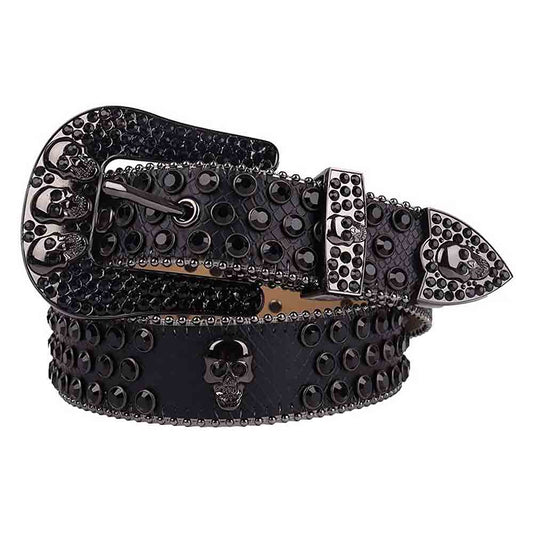 Black Leather Belt And Black Buckle Studded with Black Rhinestones